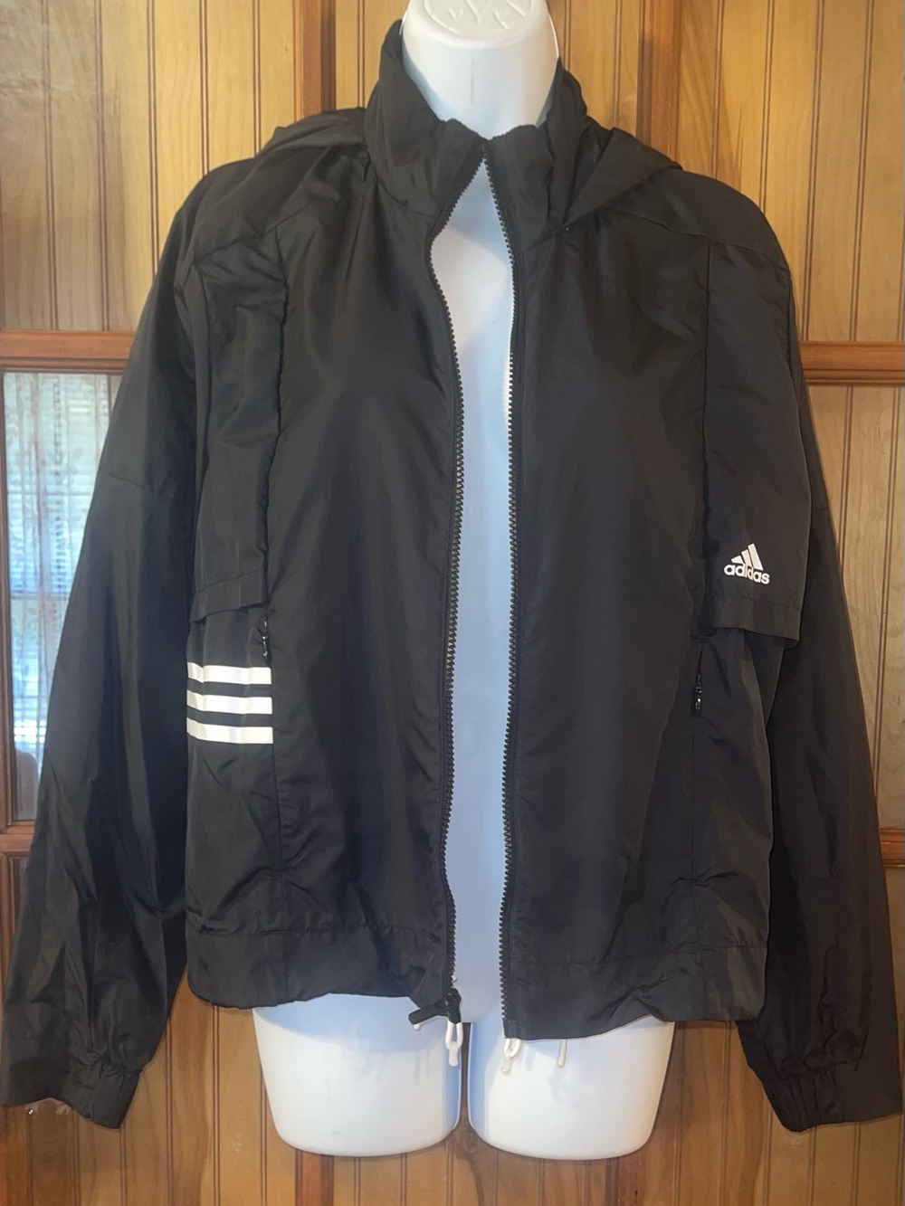 Black Women's Hooded Windbreaker Jacket with Reflective Stripes